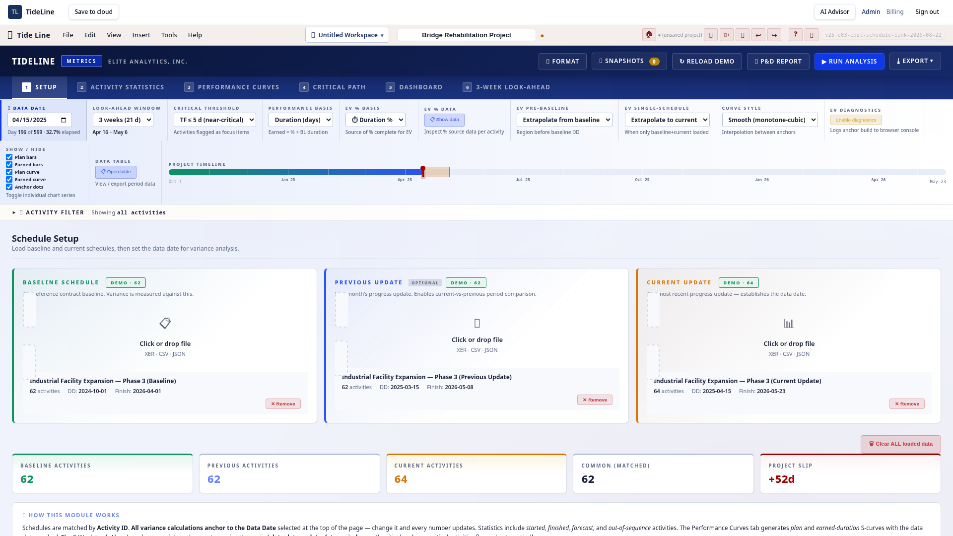TideLine Metrics module — schedule setup with baseline, previous and current updates and project slip analysis
